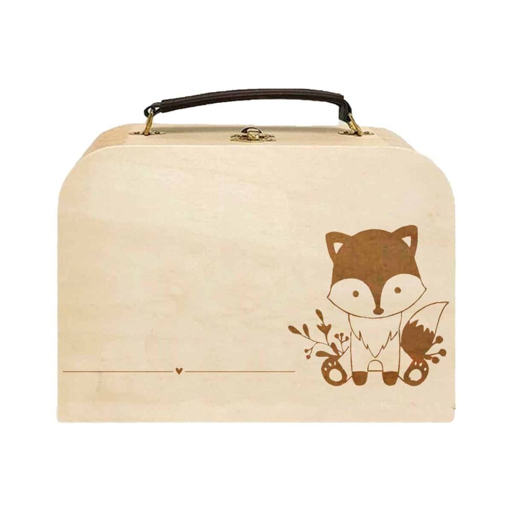 Natuurlijke houten vos kinder koffer met naam1