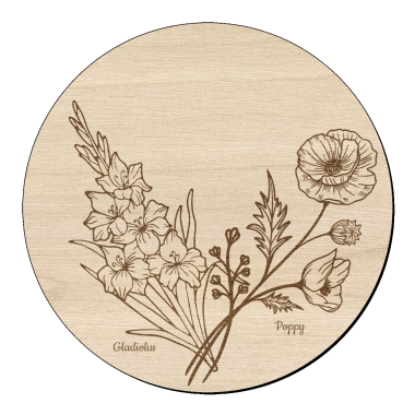 Houten bloem cirkel met gladiool papaver en naam