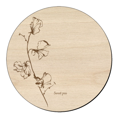 Houten bloem cirkel met welriekende lathyrus en naam