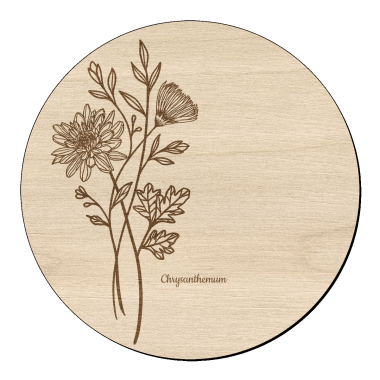 Houten bloem cirkel met chrysant en naam